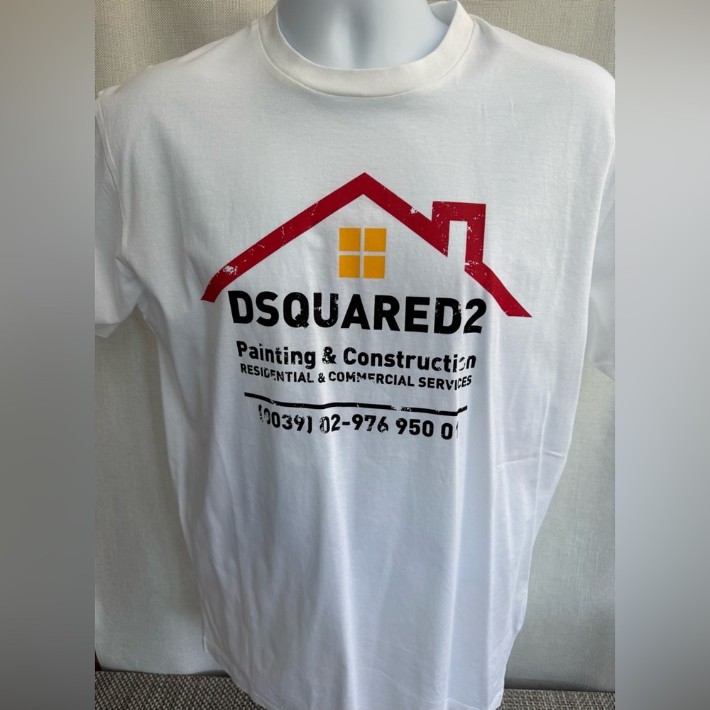 DSQUARED2 White Tee with Red Roof & Yellow Window Graphic